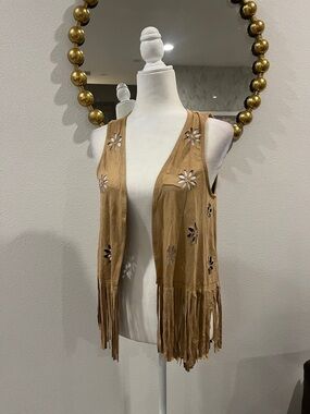 Suede Fringe Vest with Flower Cutouts - Tan